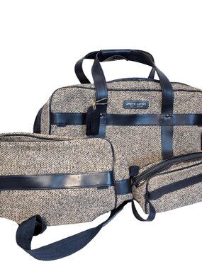 Matching Set of 3 Pierre Cardin Tweed Travel Bags Grey and Navy GUC See Details